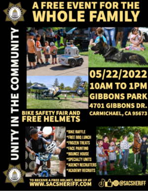 Unity in the Community Poster for May 22nd 2022 from 10am to 1pm at Gibbons Park in Carmichael with free bbq lunch, bounce house, frozen treats, face painting and more brought to you by the Sacramento Sheriff's department